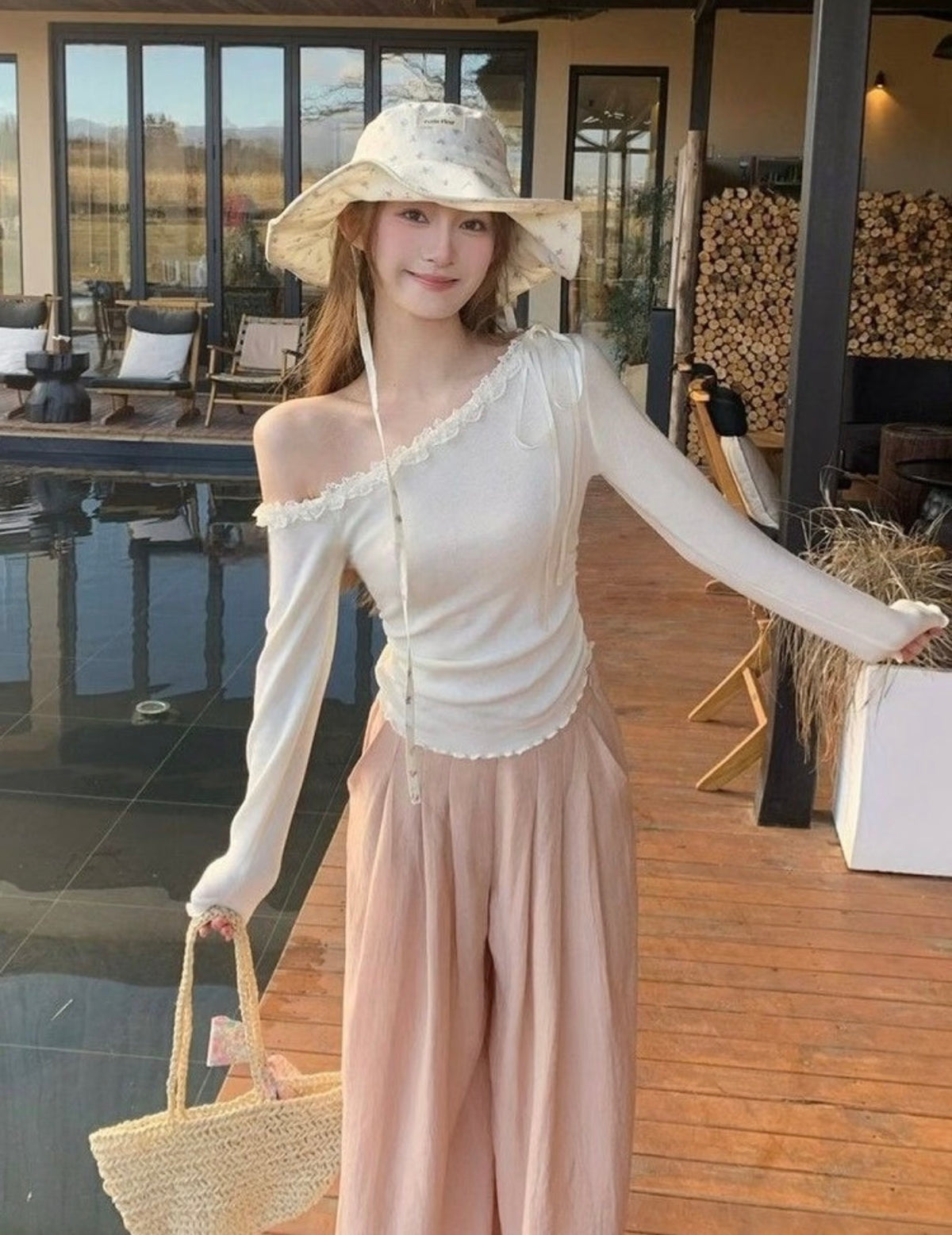 Off Side Shoulder Long Sleeve Top