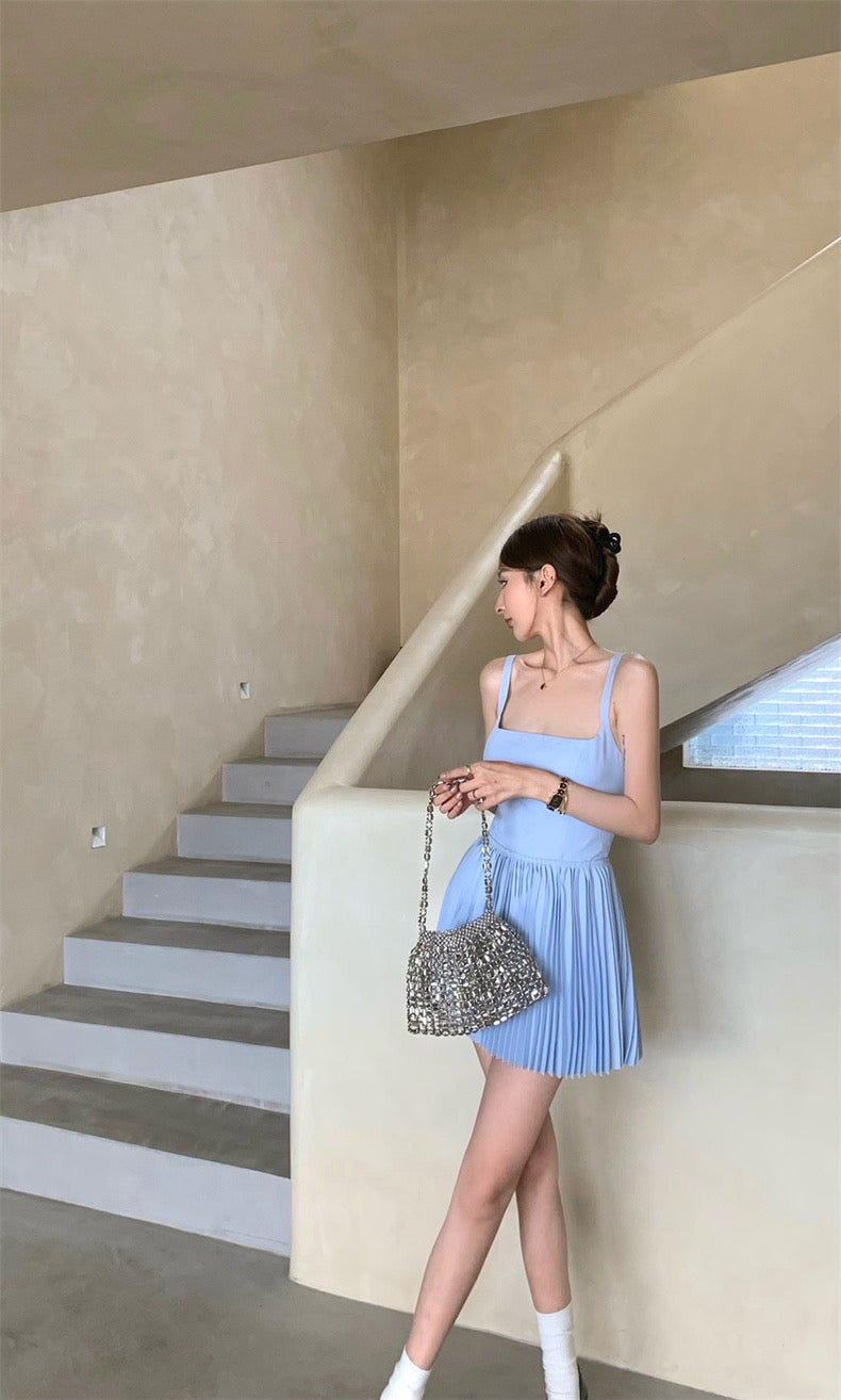 Sweet Pleated Blue Dress (Blue - L - 3XL)