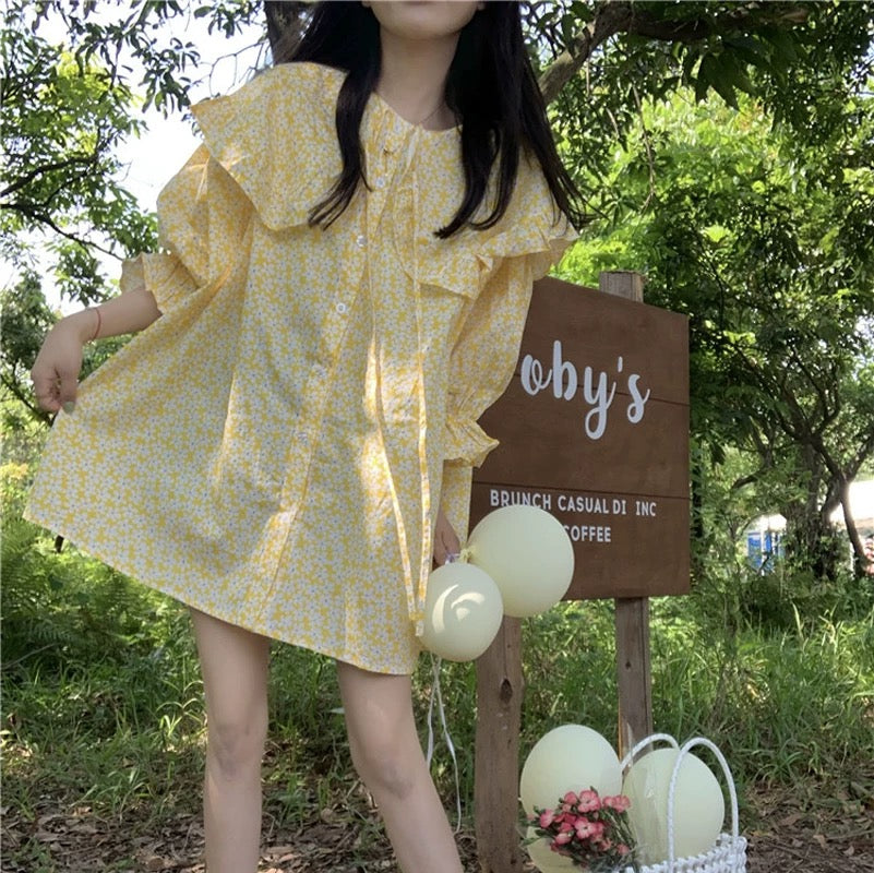 White Flower Dolly Yellow Long Top