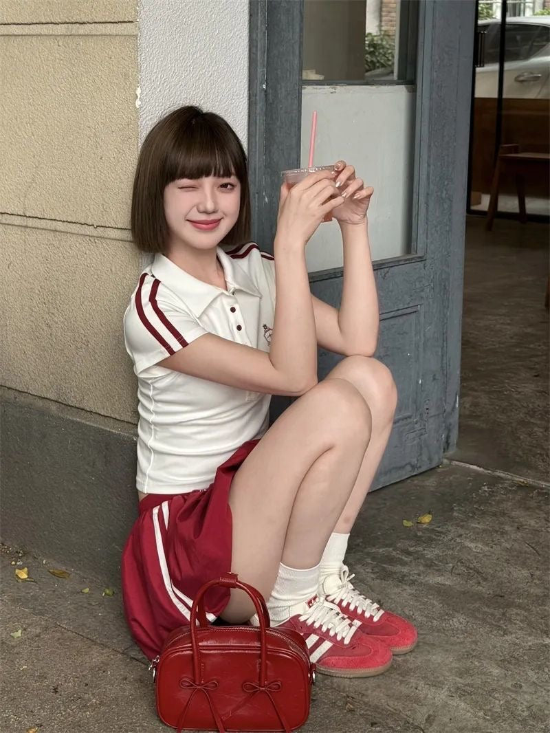 Collar White Top + Wine Red Skirt Two Piece Set