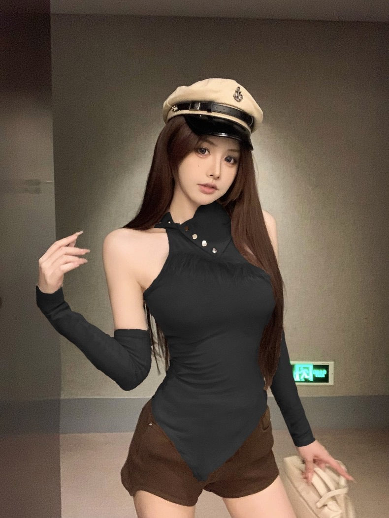 Halter Fur Sleeveless Top With Sleeve (White , Black)