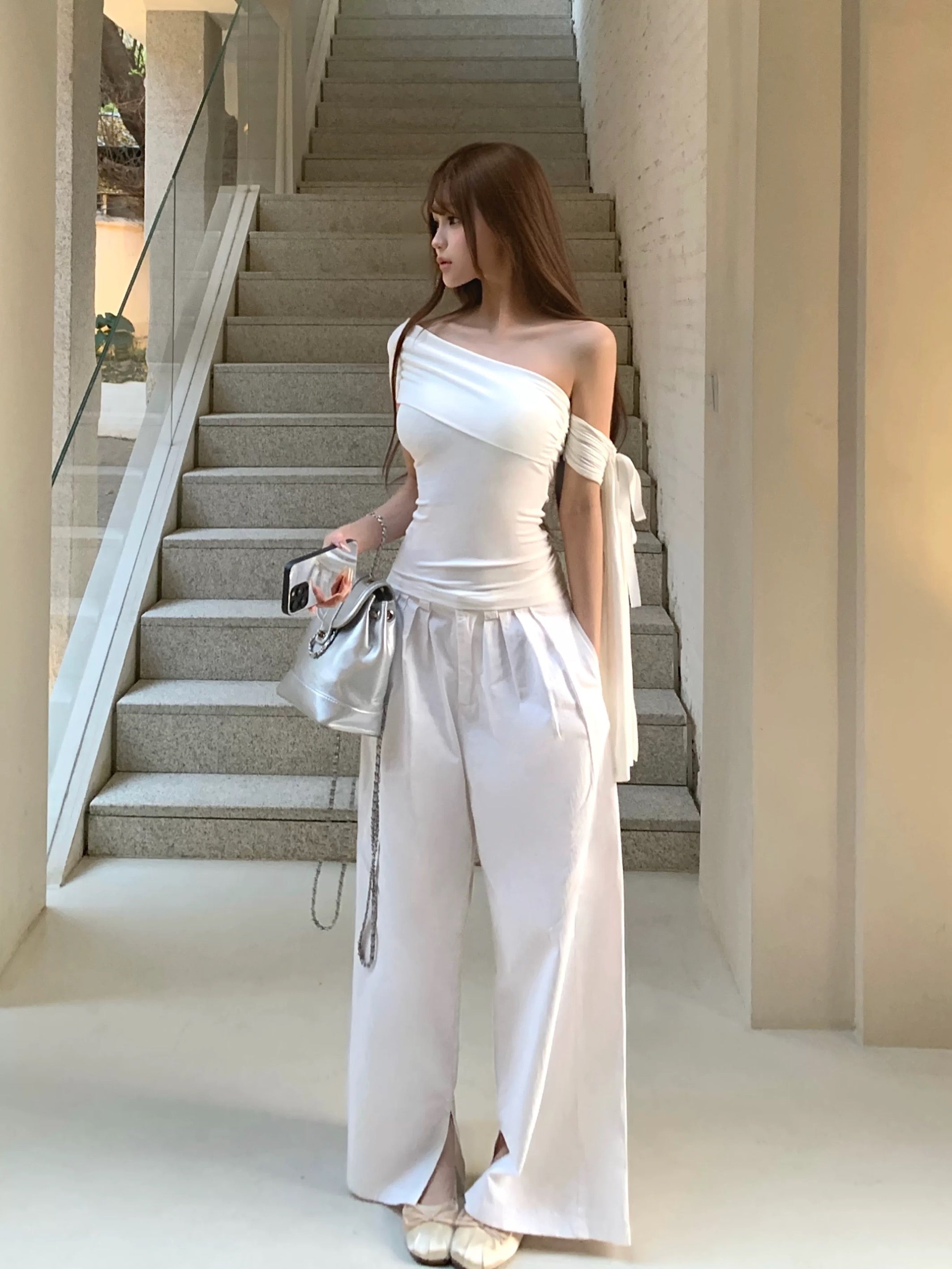 White Side Off Shoulder Sleeve Top