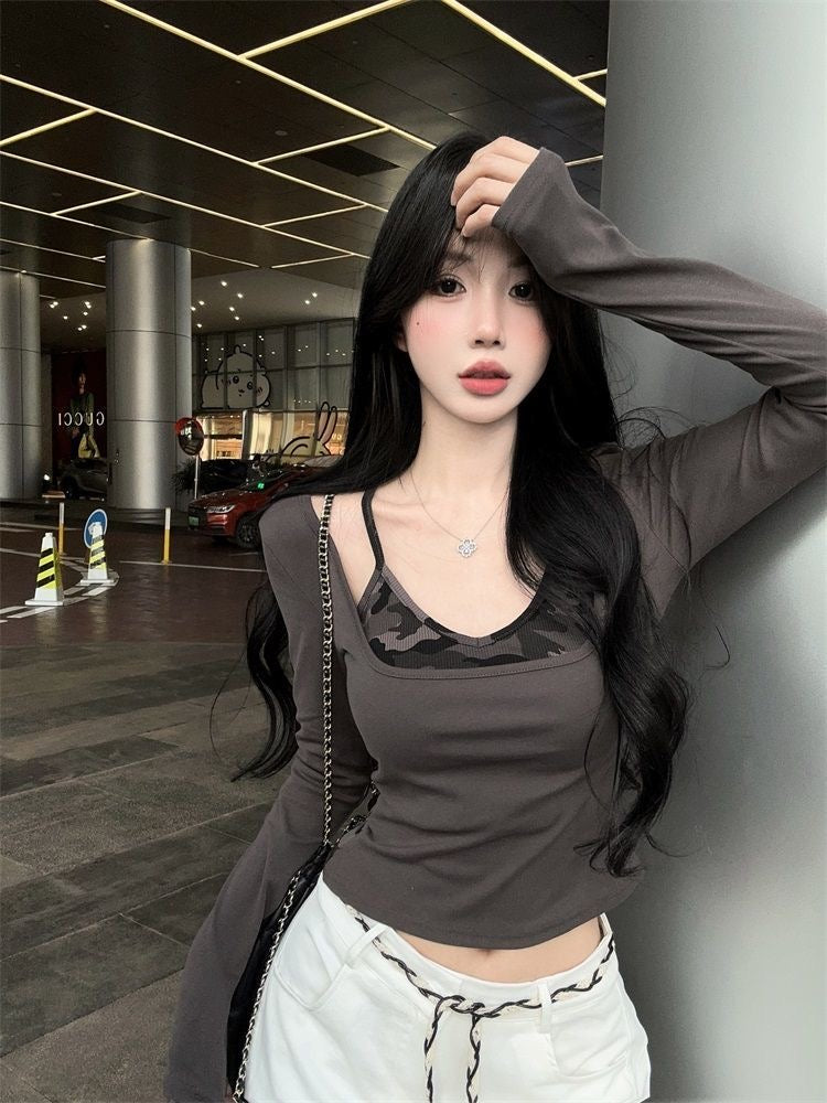 Army Print Long Sleeve Green/Grey Top