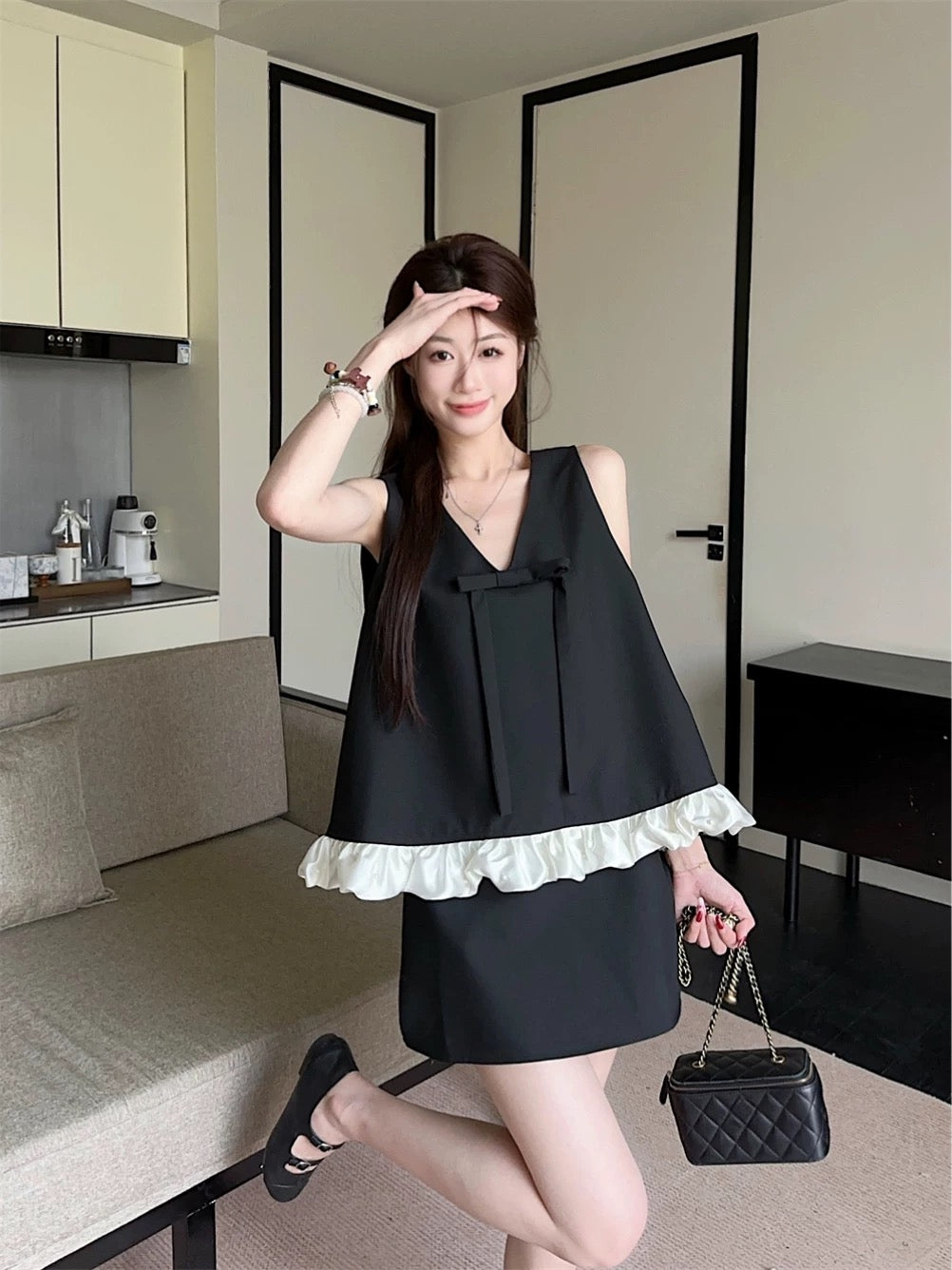 Elle Sleeveless Top + Skirt Two Piece Set (Grey, Black)