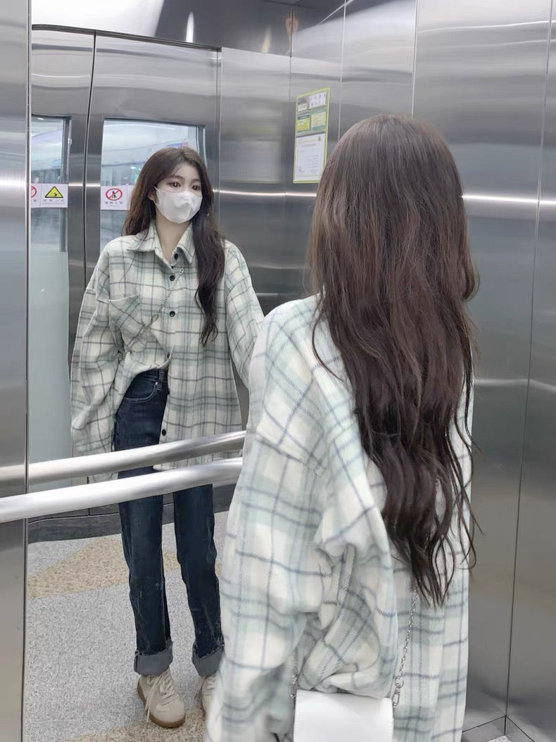 Mint Green Grid Long Sleeve Shirt