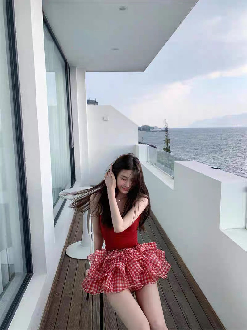 Red Top + Ginham Mesh Mini Skirt SK16