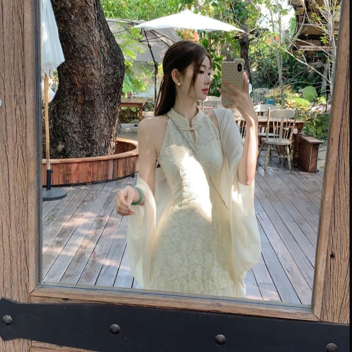 Beige Cheongsam CD022 Long Dress With Cardigan (S, M)