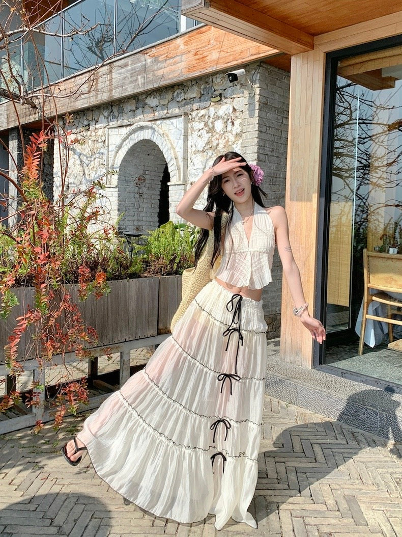 Beige Lace Top + Long Skirt Two Pieces Set