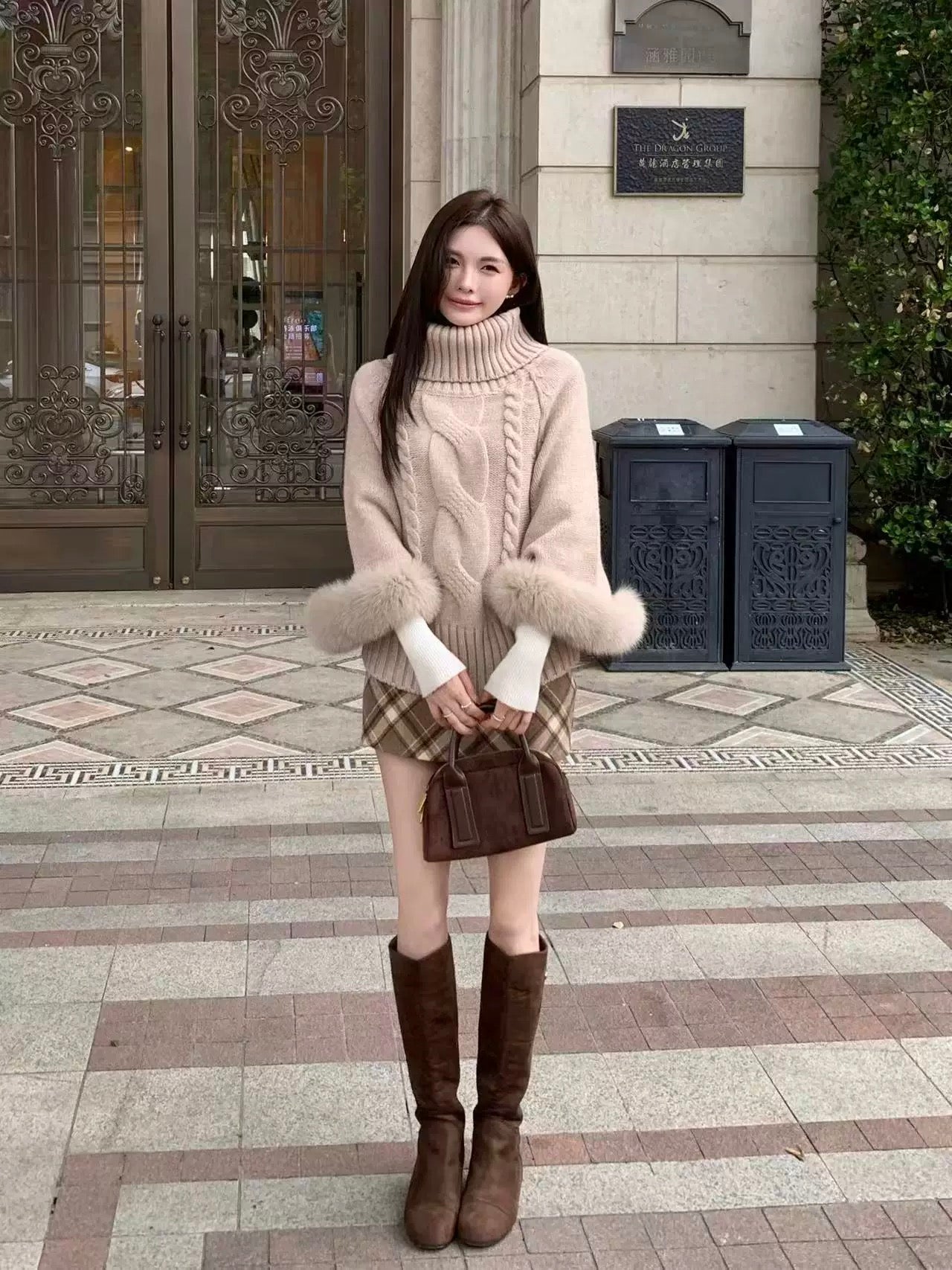 Fur Sleeve Multi Wear Collar Knitted Top (Cream, Brown)