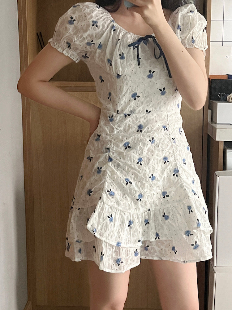Blue Floral White Dress (S)