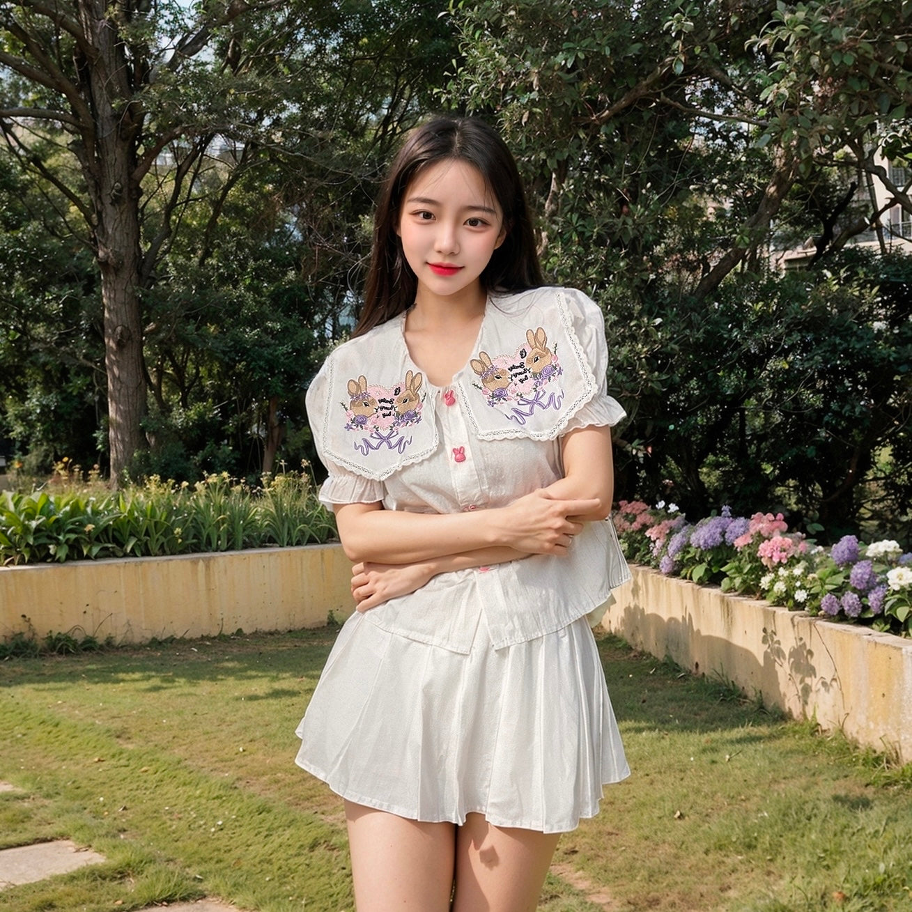 Dolly Bunnies Collar Puff Sleeve Top (White, Beige)