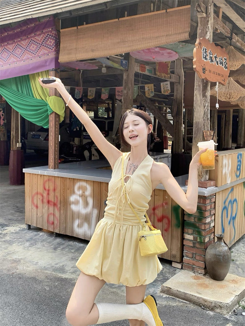 Round Collar Yellow Mini Dress