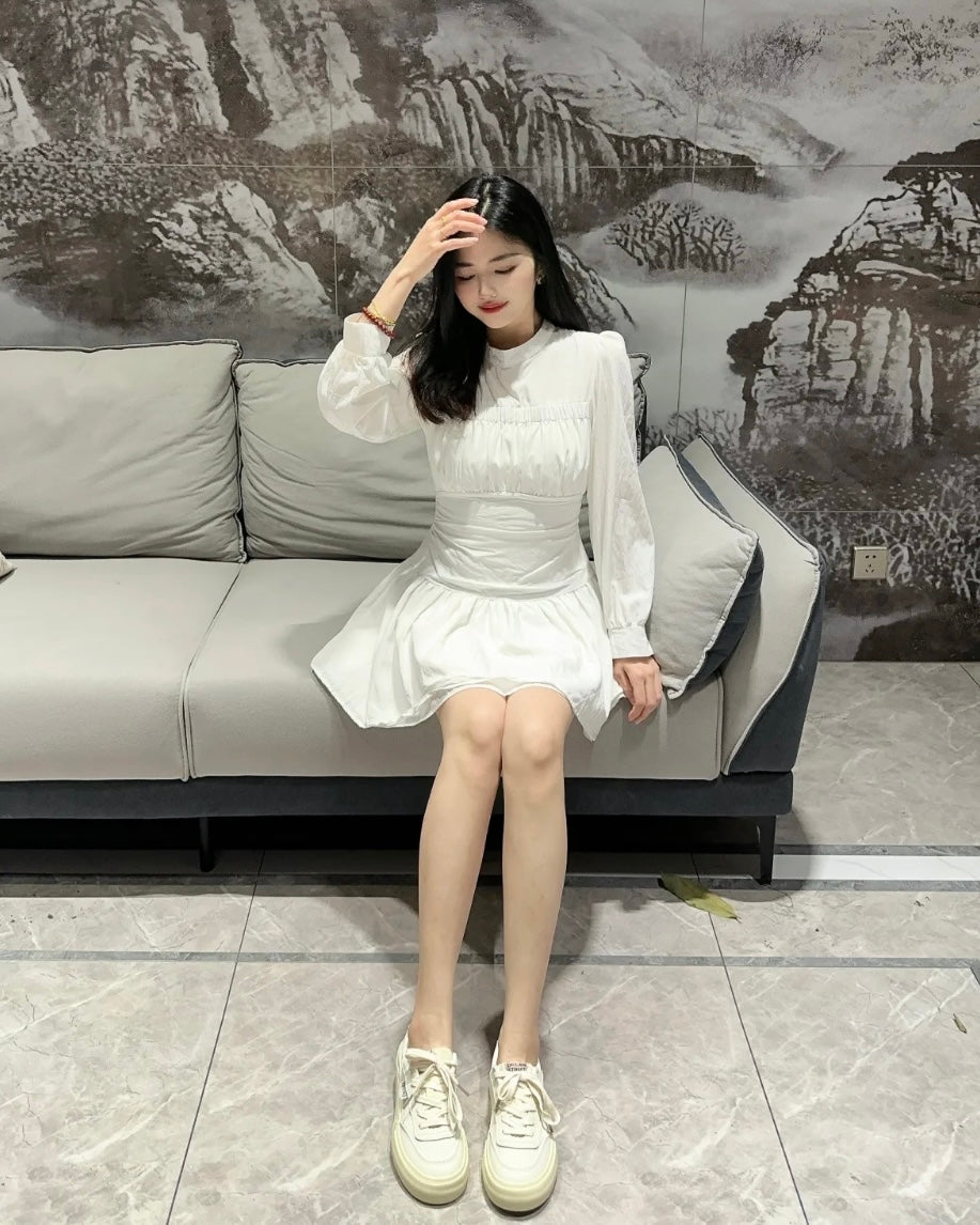 Round Collar Cream Long Sleeve Dress