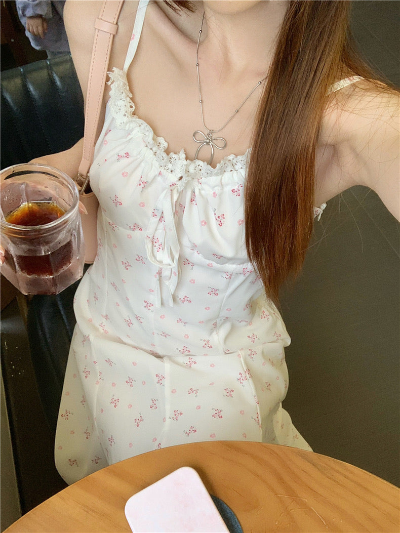 Pink Flower White Strap Long Dress (M)
