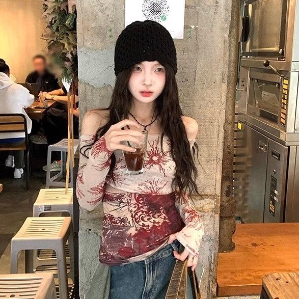 Red Mix Off Shoulder Long Sleeve Mesh Top