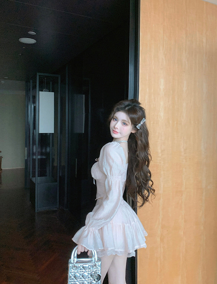 Pink Long Sleeve Top + Skirt Two Pieces Set