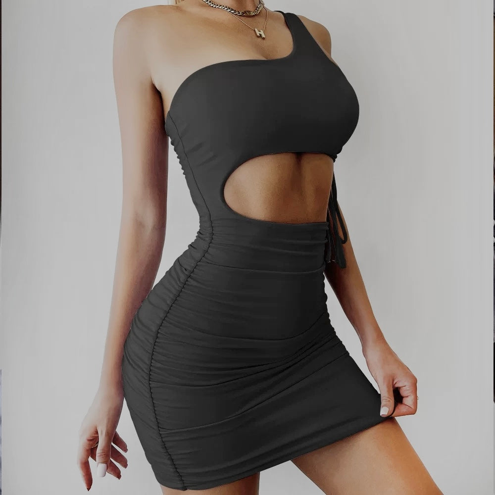Side Waist Cut Black Mini Dress