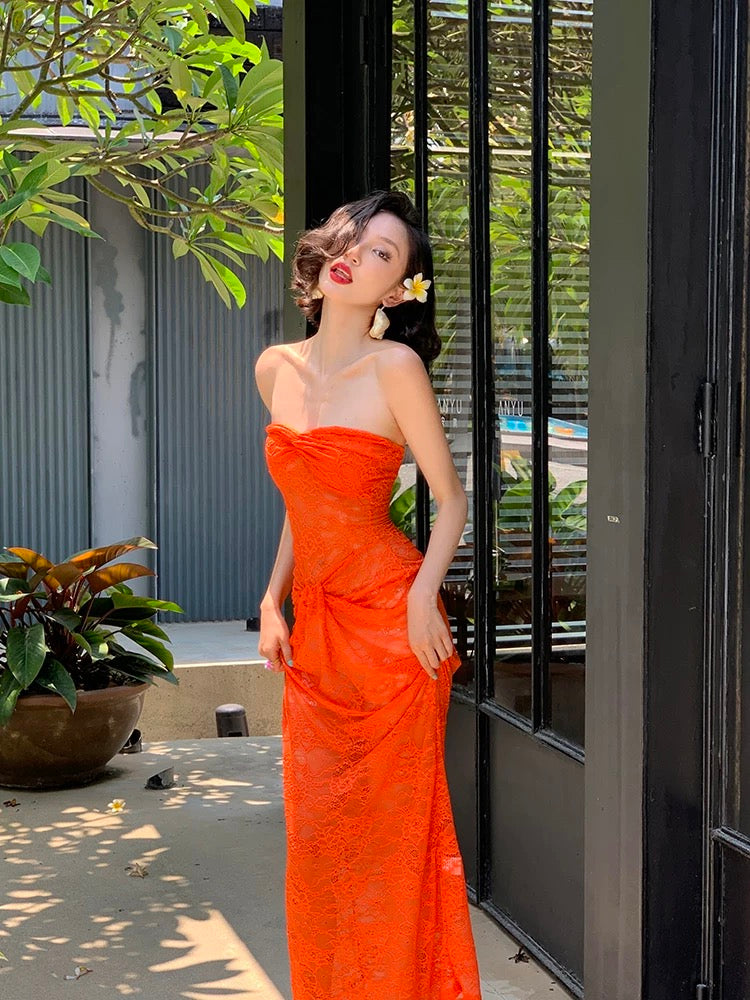 Orange Lacey Tube Long Dress (S)