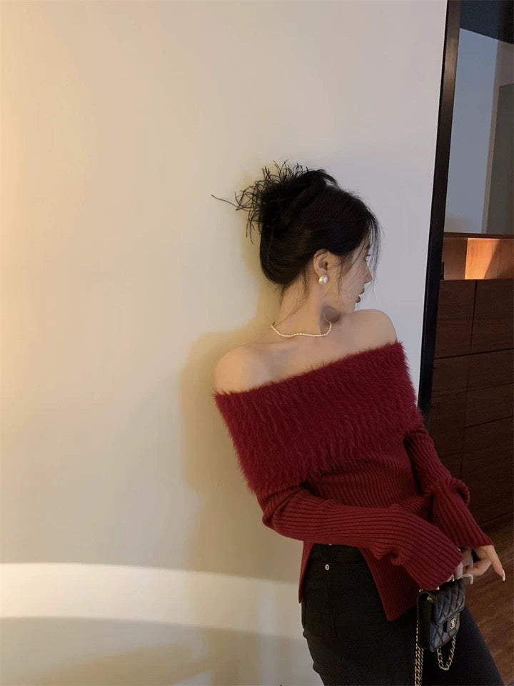 Off Shoulder Long Sleeve Knitted Top (Wine Red)