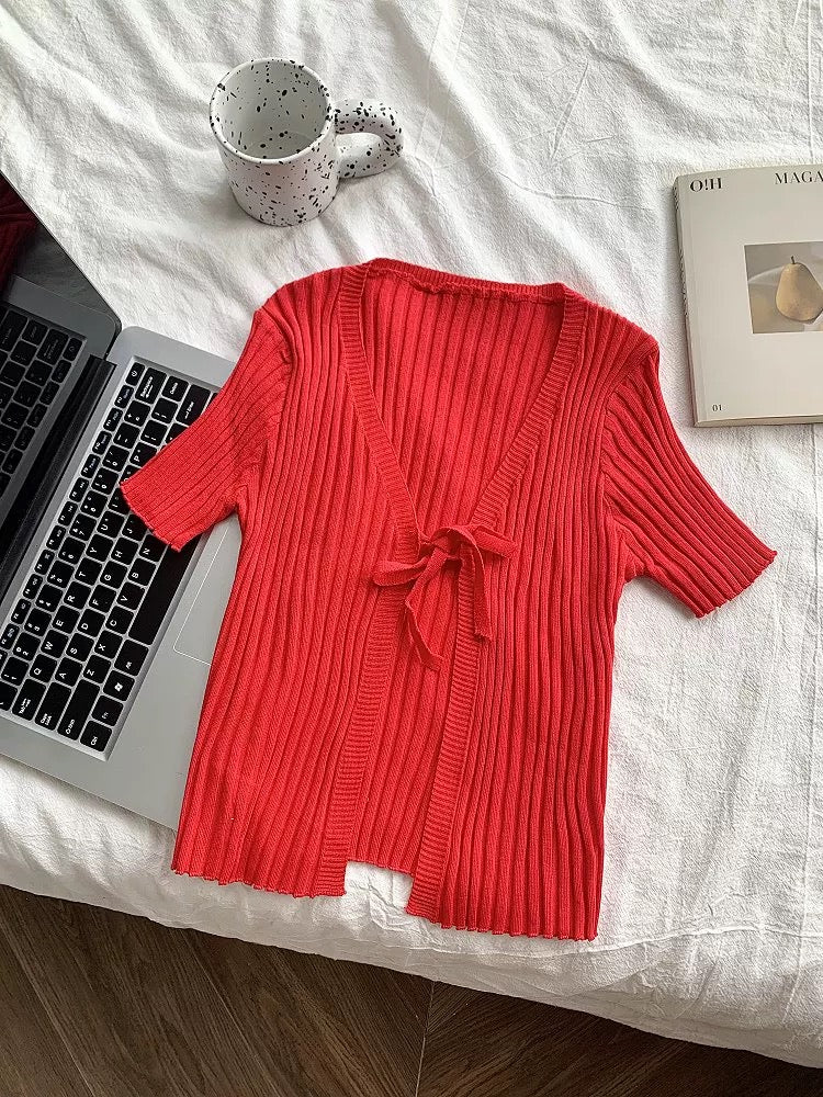 Red Short Sleeve Knitted Cardigan