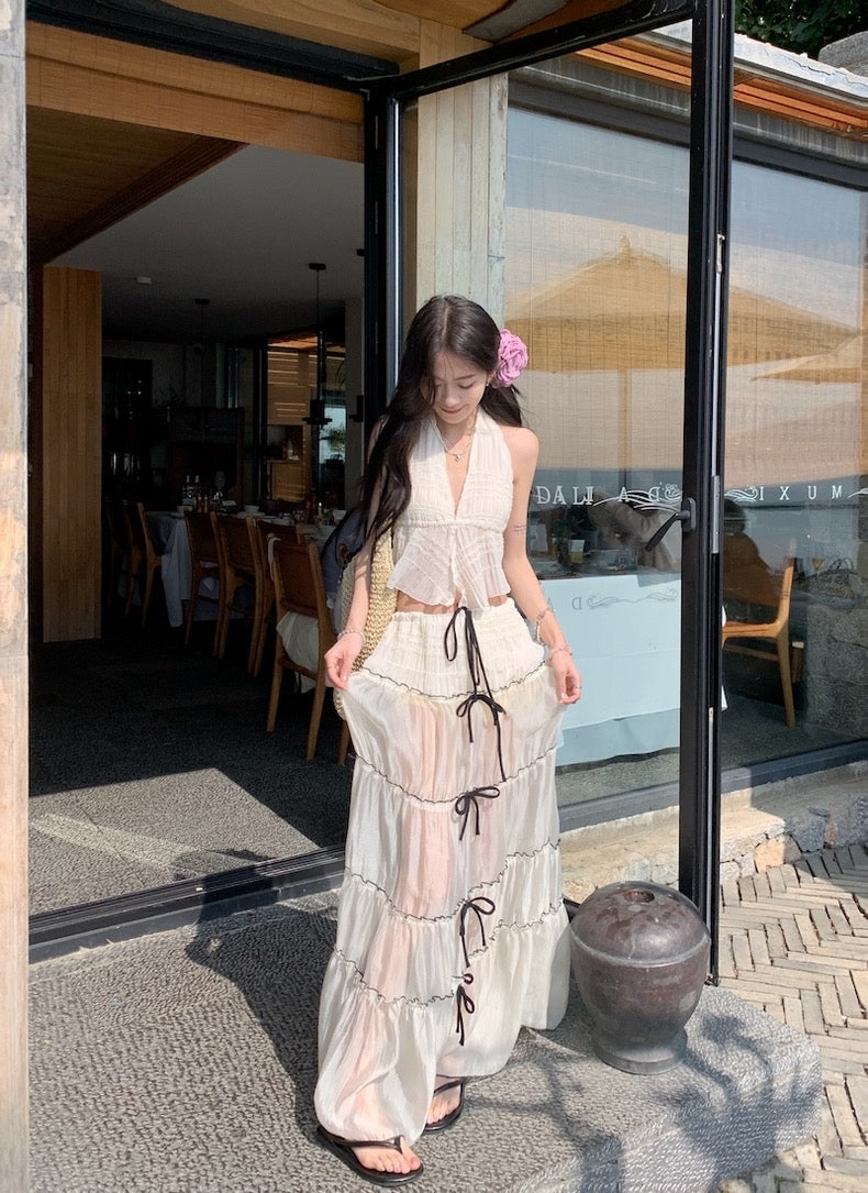 Beige Lace Top + Long Skirt Two Pieces Set