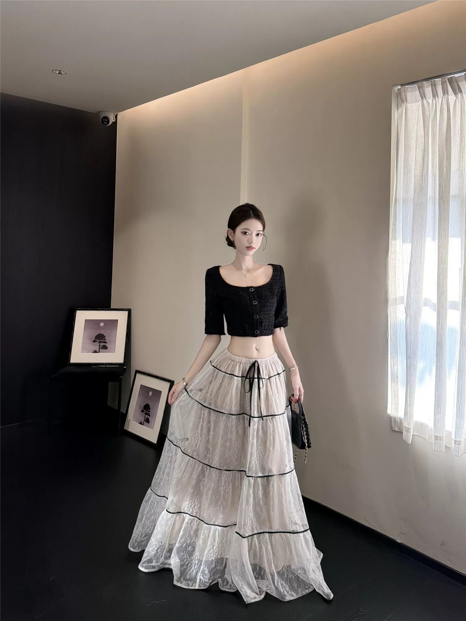 White Laces Black Ribbon Long Skirt SK31