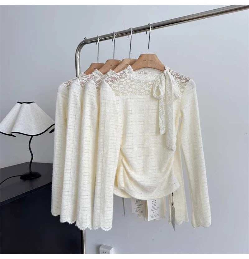 Ribbon Collar Wavy Bottom Long Sleeve Top (L/XL)