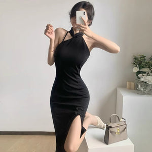 Sleeveless Black Cheongsam Long Dress (S, L)
