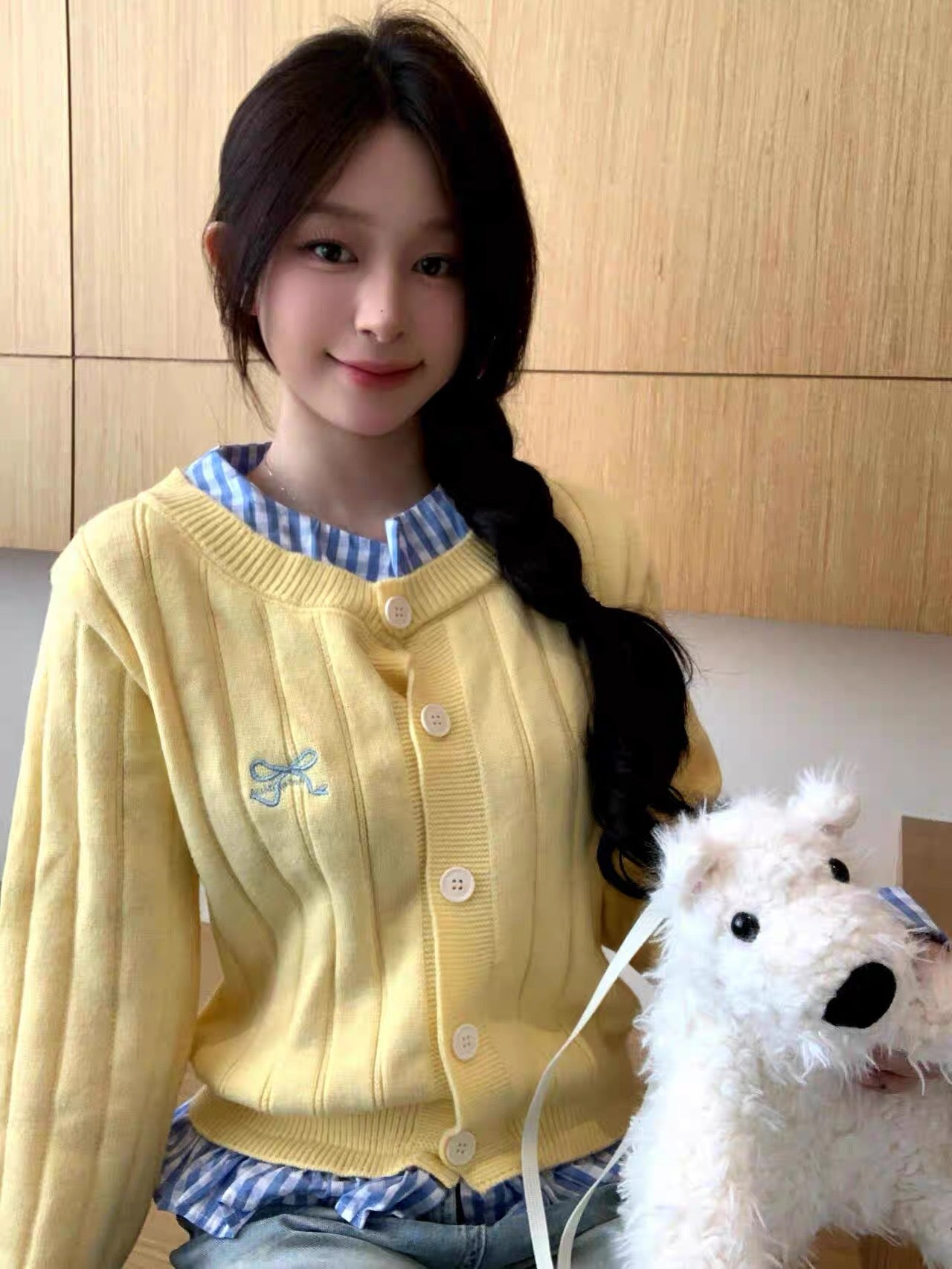 Ginham Collar Thick Yellow Long Sleeve Knitted Top