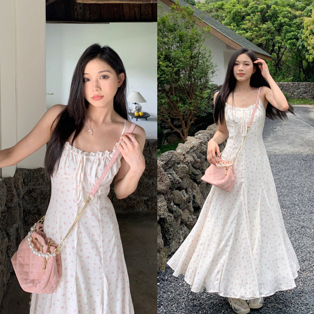 Pink Flower White Strap Long Dress (M)