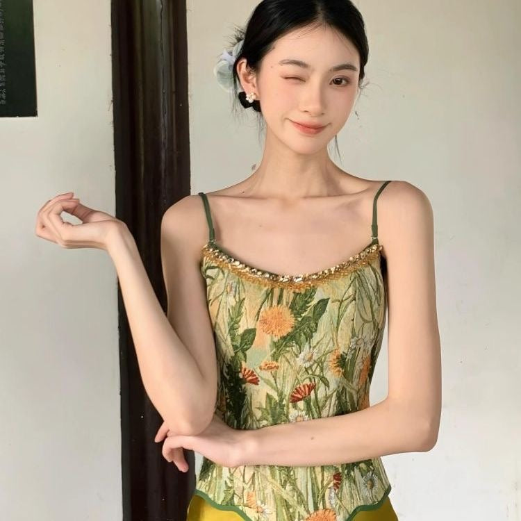 Green Cheongsam Top + Skirt Two Piece Set (XS)