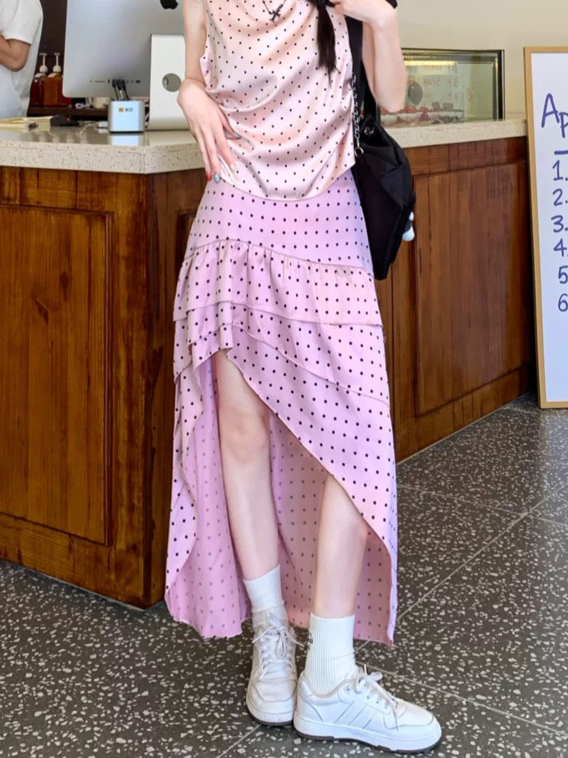 Unequal Polka Dot Silk Skirt