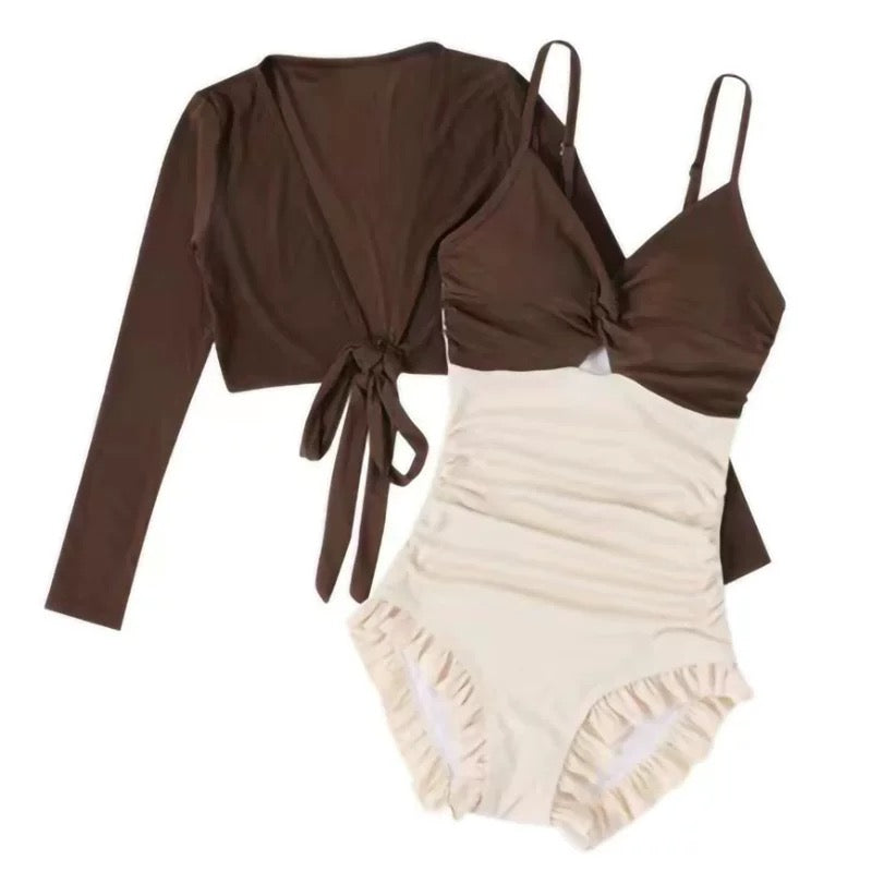 Brown Beige Swimsuits Two Piece Set