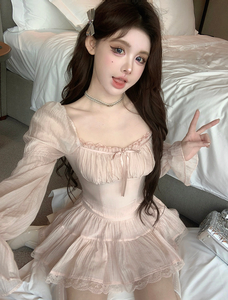 Pink Long Sleeve Top + Skirt Two Pieces Set