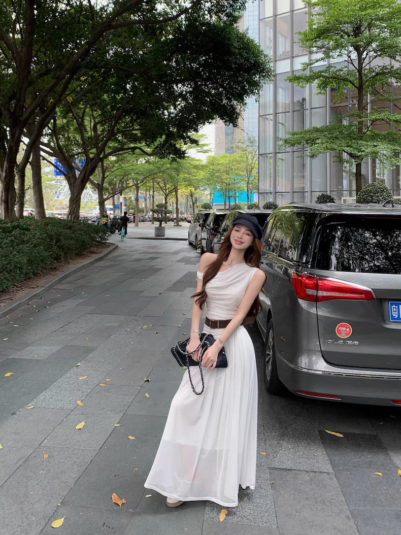 Off Shoulder Mesh Long Dress With Belt
