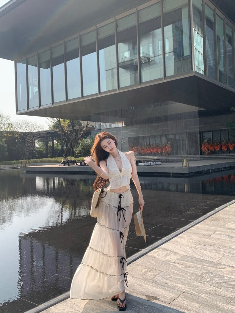 Beige Lace Top + Long Skirt Two Pieces Set