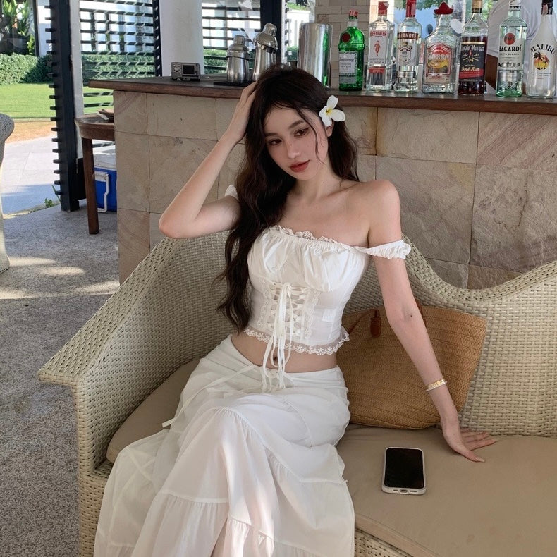 Cream White Lace Top + Long Skirt Two Pieces Set