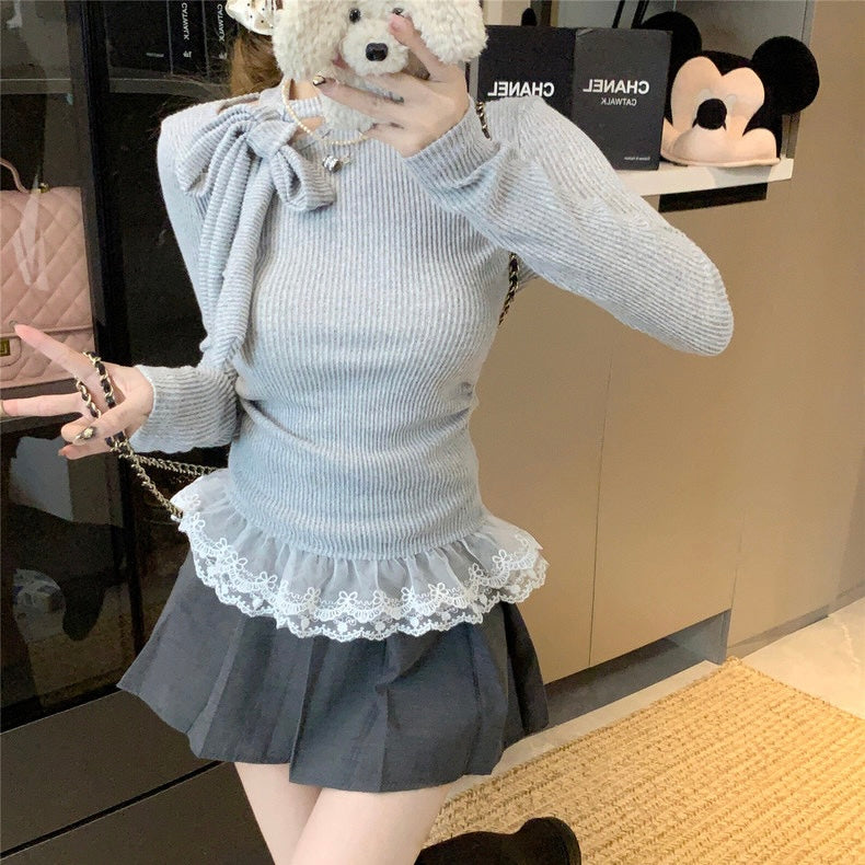 Tie Up Collar Grey Long Sleeve Top