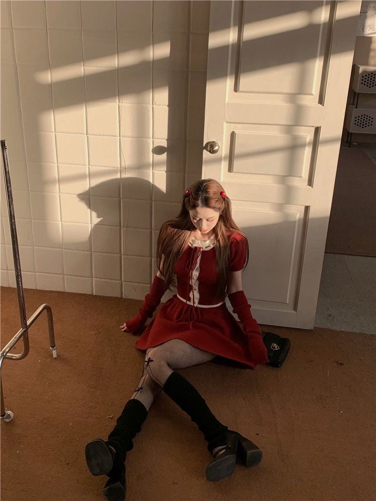 Red Knitted Crop Top + Skirt + Glove Three Piece Set