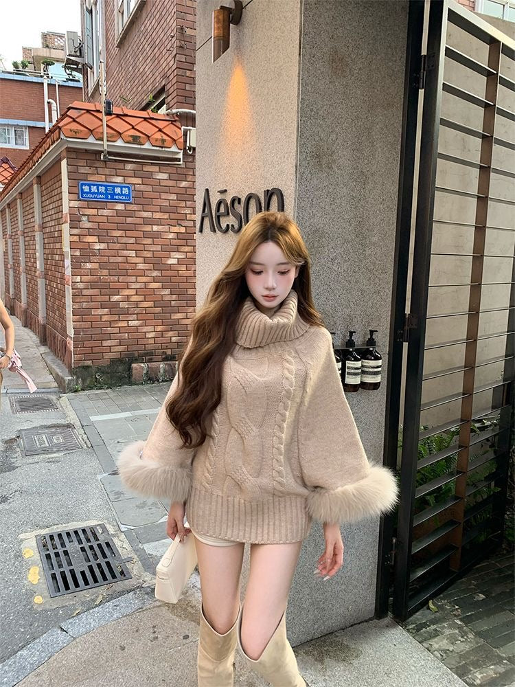 Fur Sleeve Multi Wear Collar Knitted Top (Cream, Brown)