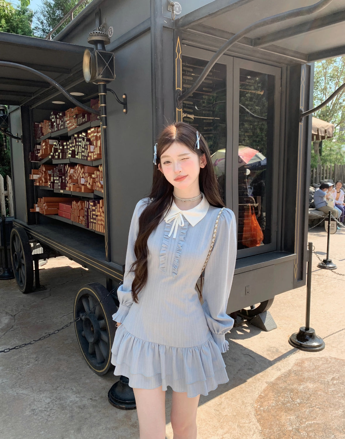 Uni White Collar Blue Long Sleeve Dress