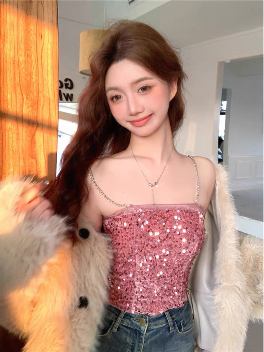 Shiny Strap Mesh Tube Top