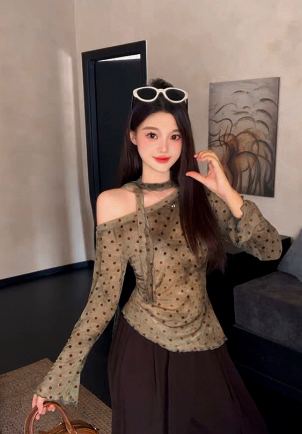 Mini Dot Off Shoulder Long Sleeve Mesh Top