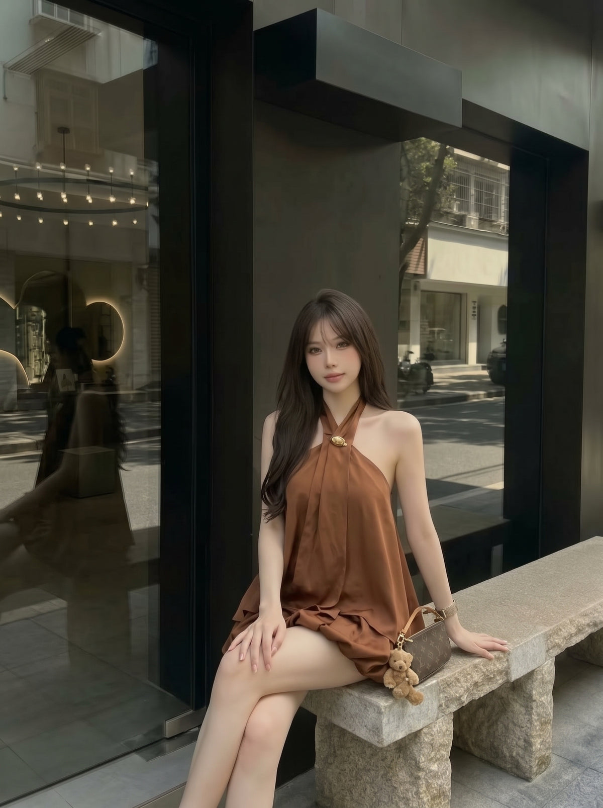 Mix Silk Top + Shorts Two Piece Set (Black, Brown)