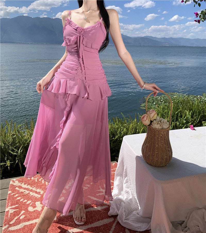 Purple Pink Chiffon Long Dress (S, M)