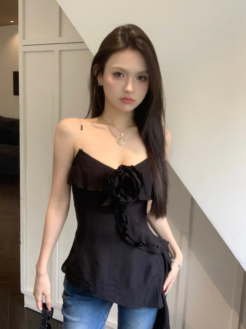 Summer Unequal Black Floral Strap Top