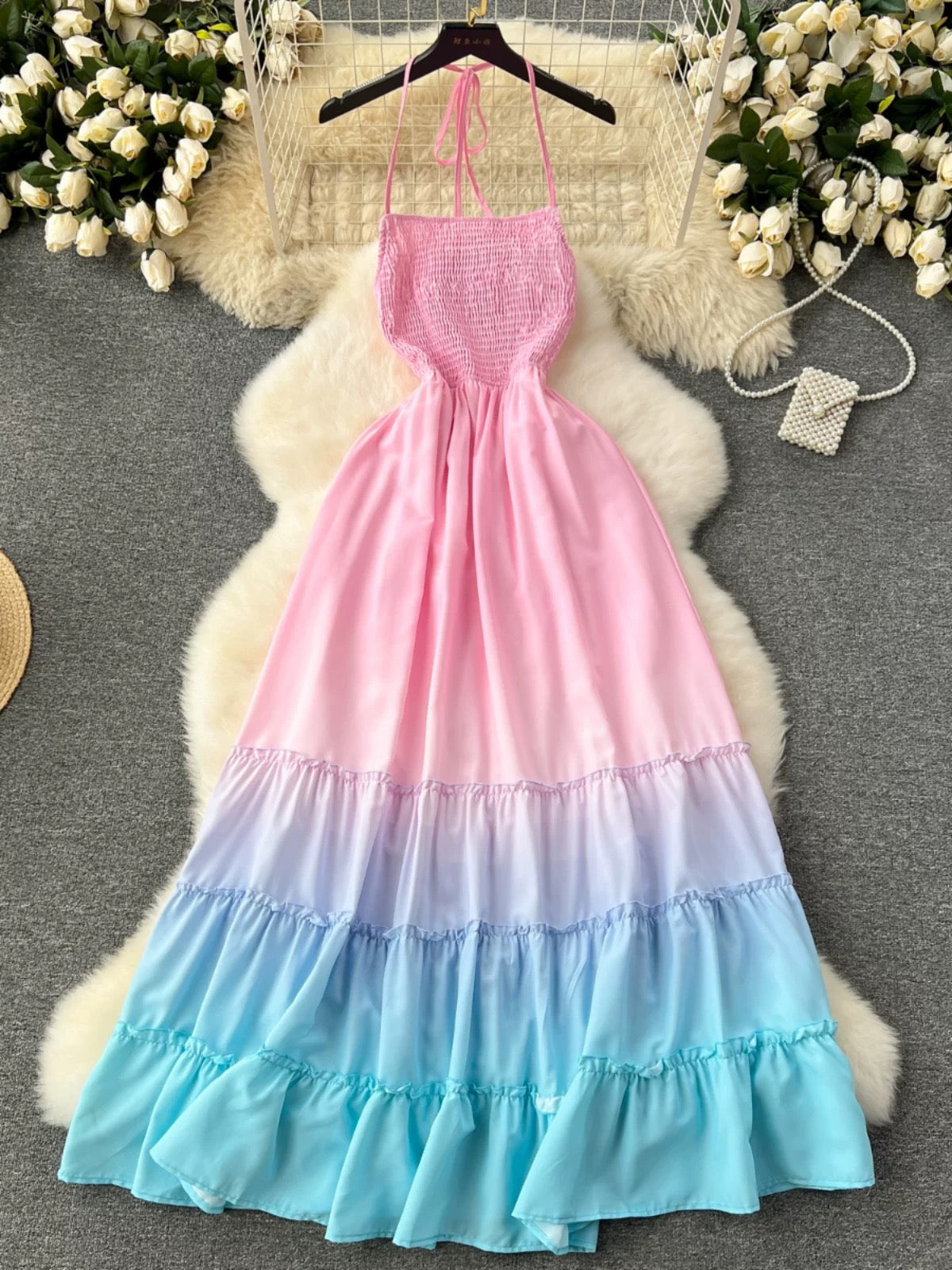 Ombre Pink Bareback Maxi Long Dress