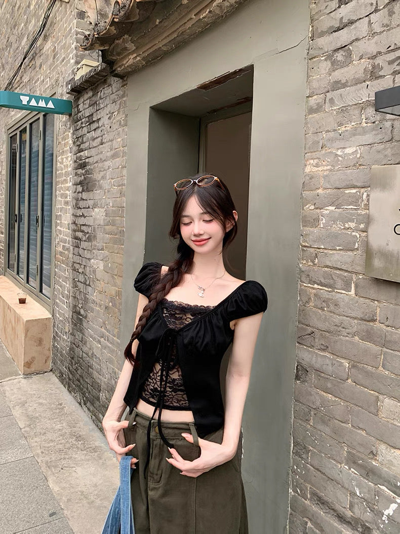 Mix Lacey Puff Sleeve Top (Black)