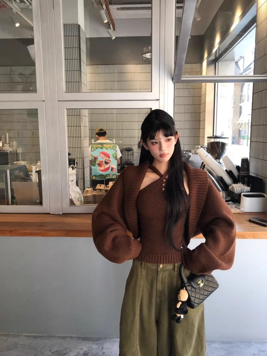 Brown Top + Cardigan Two Piece Set