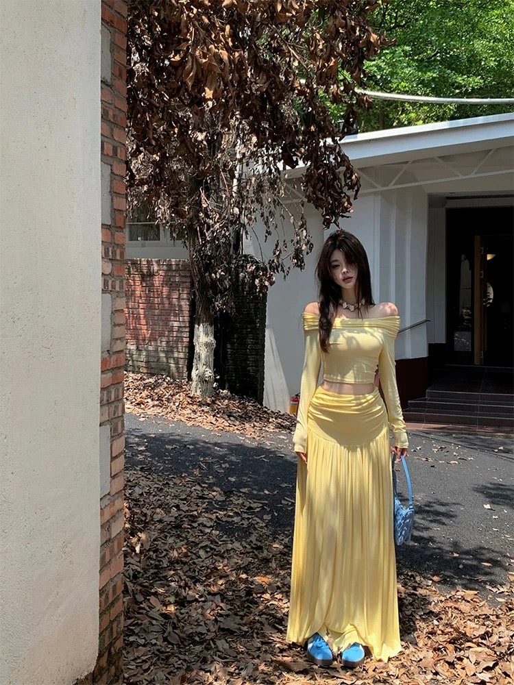 Off Shoulder Long Sleeve Top + Long Skirt Two Pieces Set